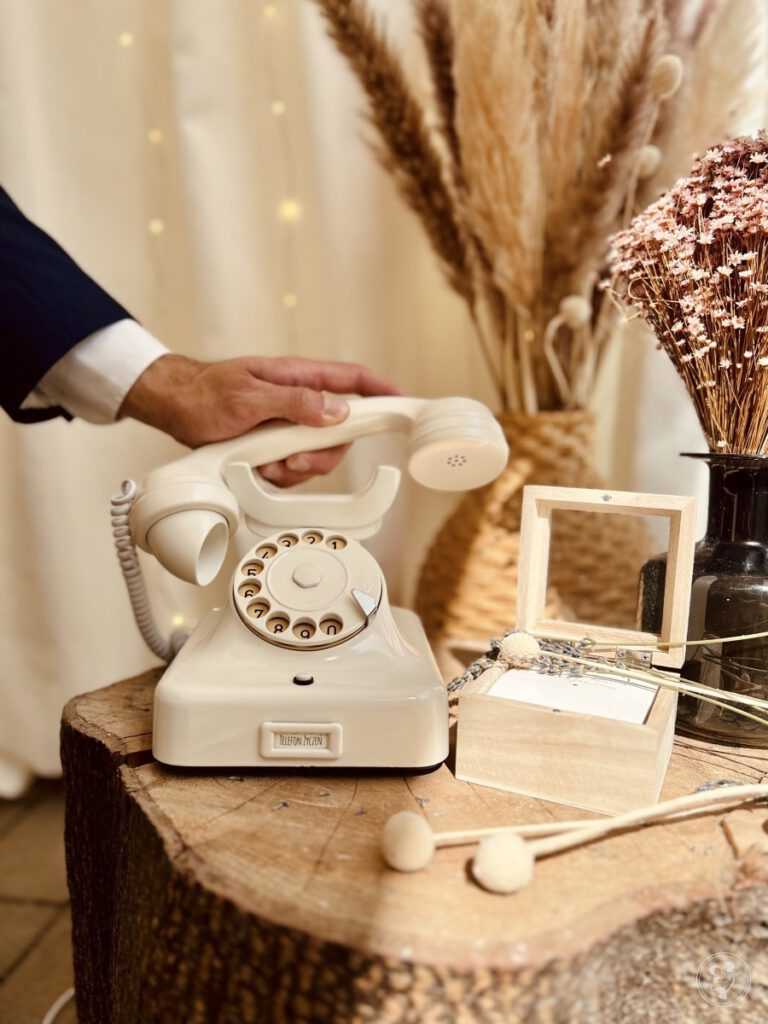 Telefon życzeń na pniu drzewa z pampasami - detal polskiego wesela
